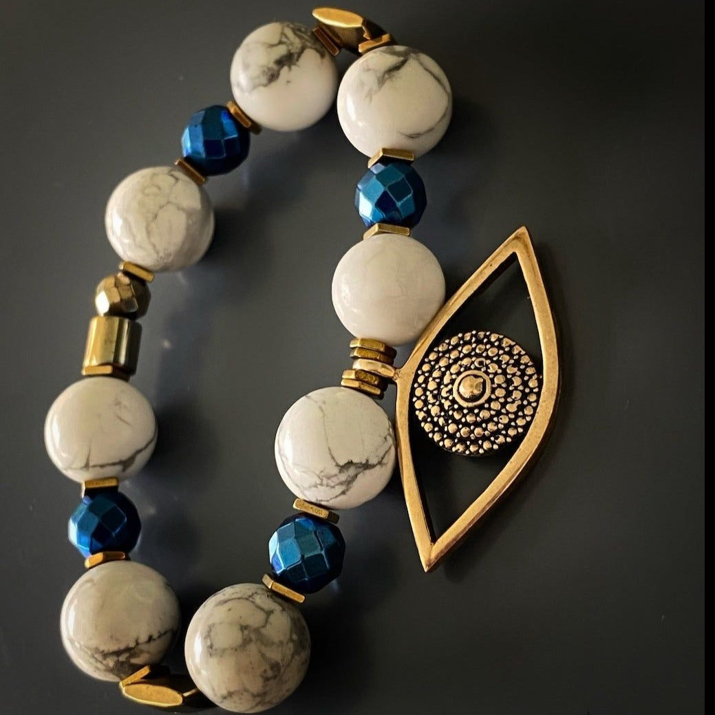 Gold Evil Eye Bracelet with White and Blue Stones