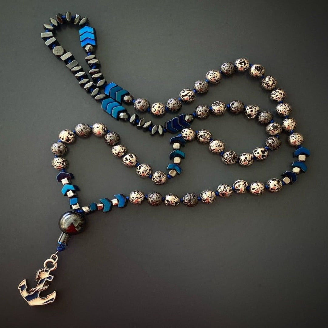 Blue and White Anchor Pendant Necklace with Hematite Stones