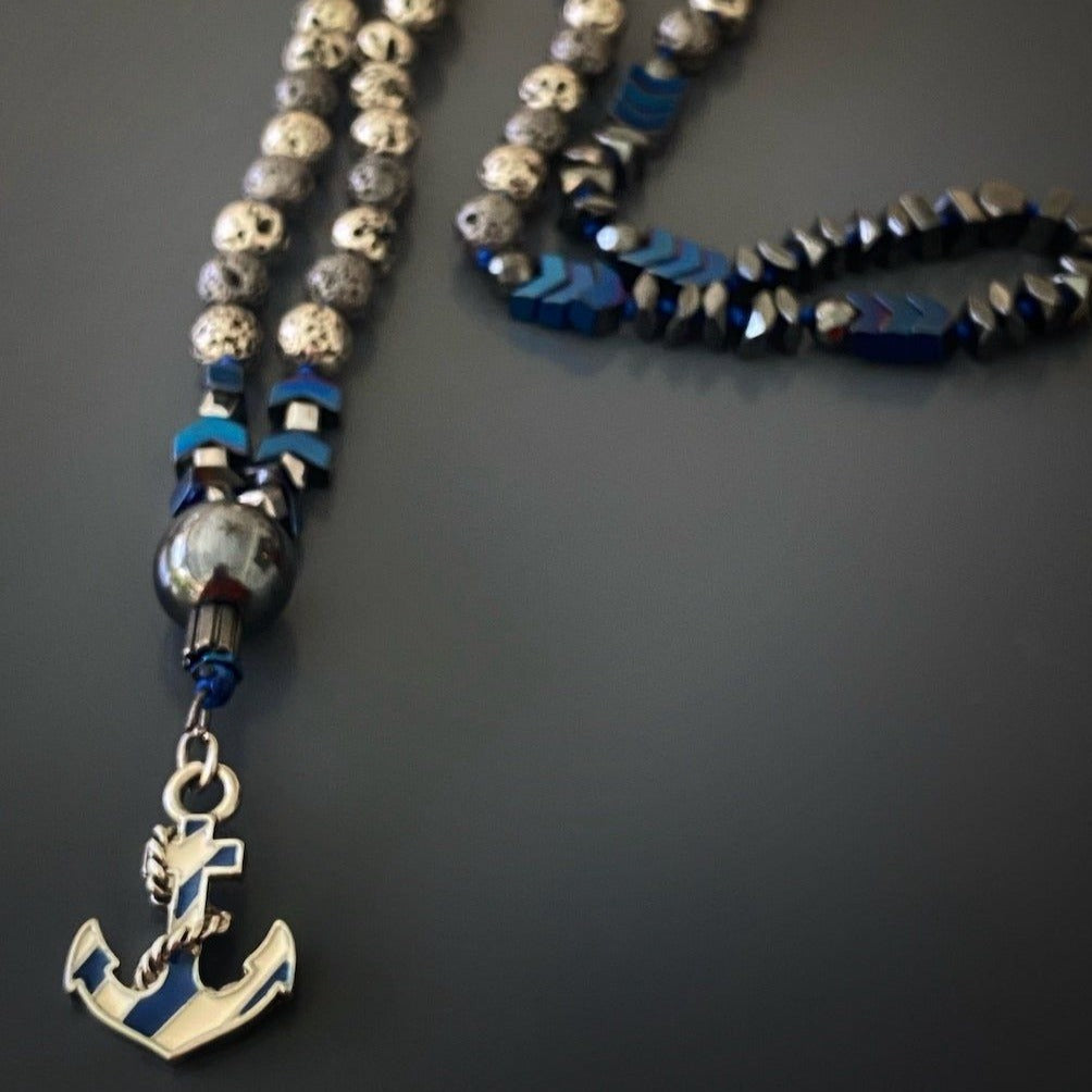Elegant Hematite and Lava Rock Stone Necklace with Blue and White Anchor Pendant