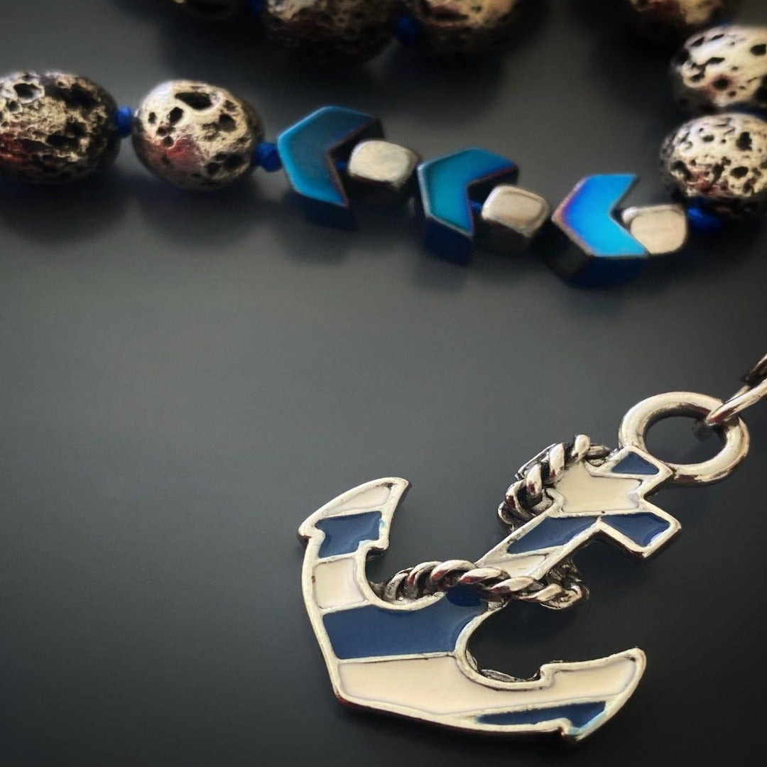 Hematite and Lava Rock Stone Necklace with Unique Blue and White Anchor Pendant