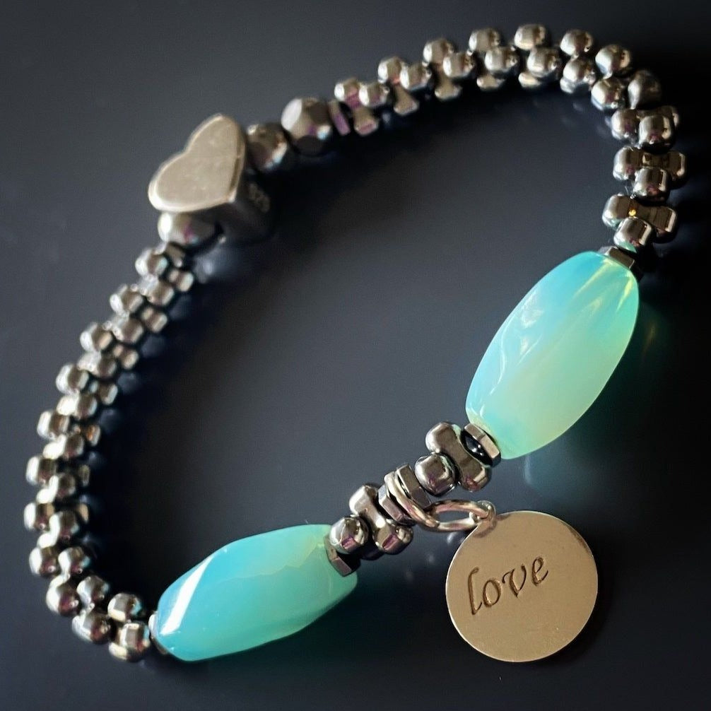 Elegant Aquamarine and Hematite Stone Bracelet with Love Charm