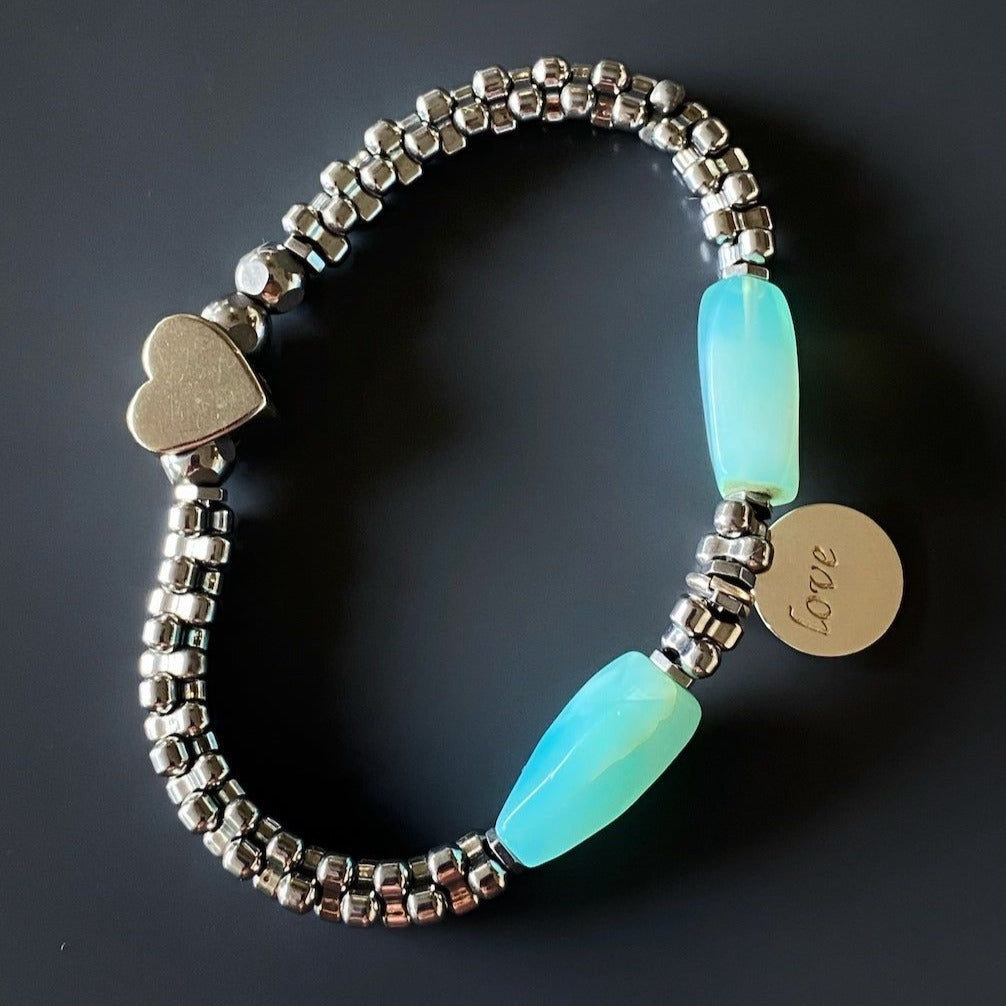 Protective Hematite and Aquamarine Love Bracelet with Heart Charm