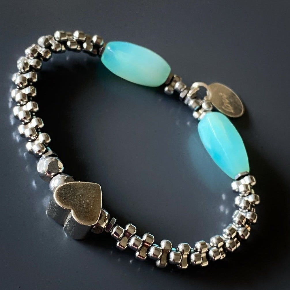 Dainty Aquamarine Cylinder Beads Bracelet with Sterling Silver Charms