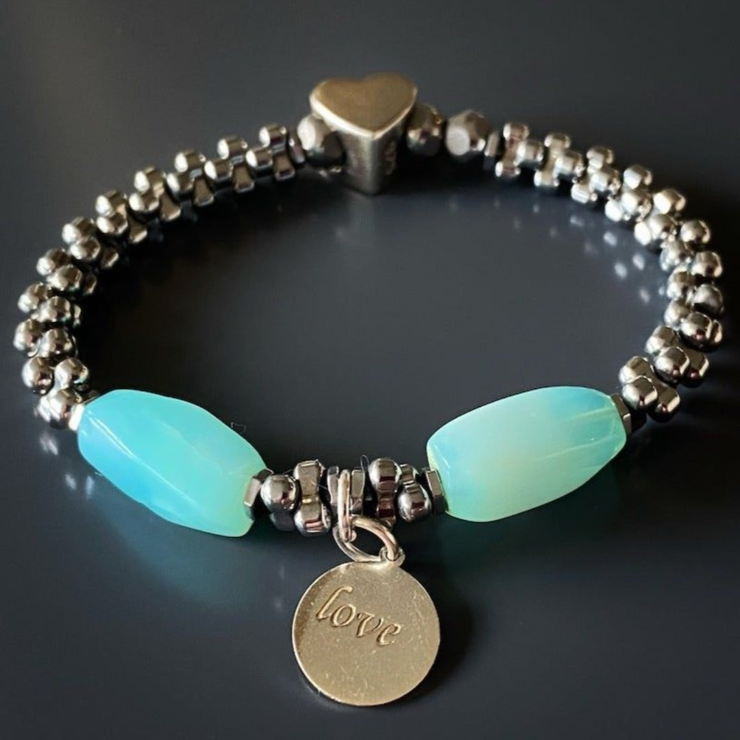 Elegant Handmade Aquamarine Love Bracelet with Protective Hematite Stones