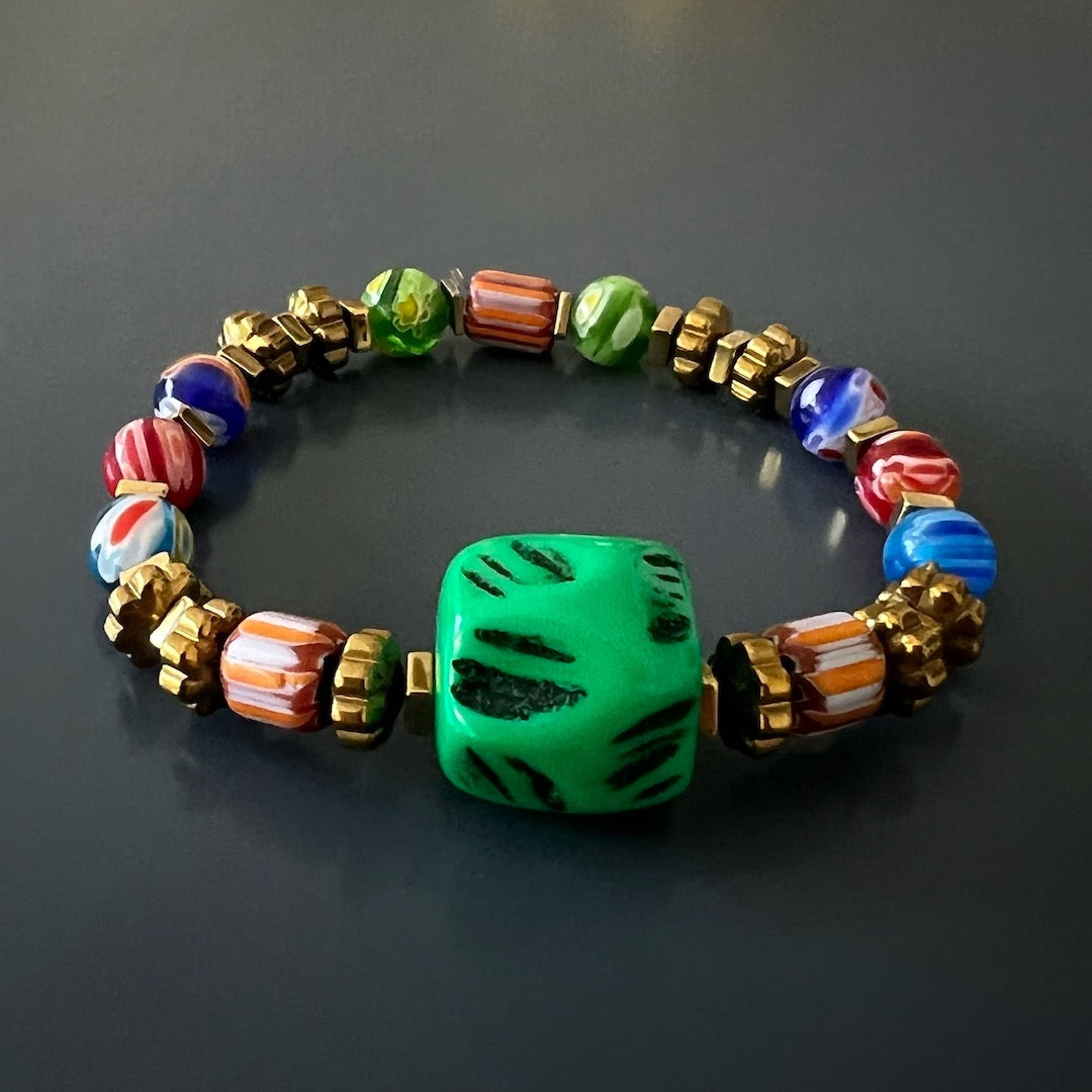 African Colors Women Bracelet; vibrant handmade glass and African beads on high quality stretchy cord