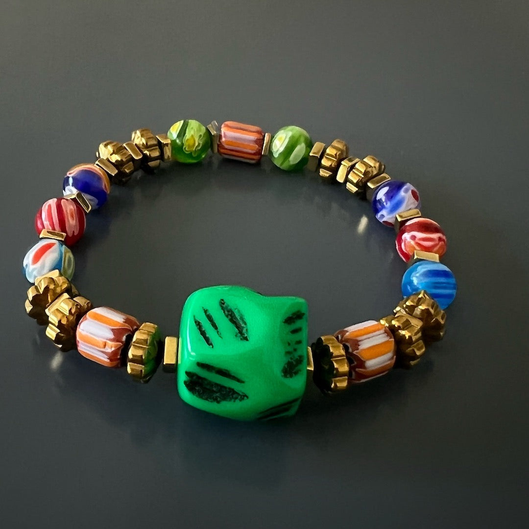 Vibrant African Colors Women Bracelet; colorful geometric glass and African beads with large green resin bead
