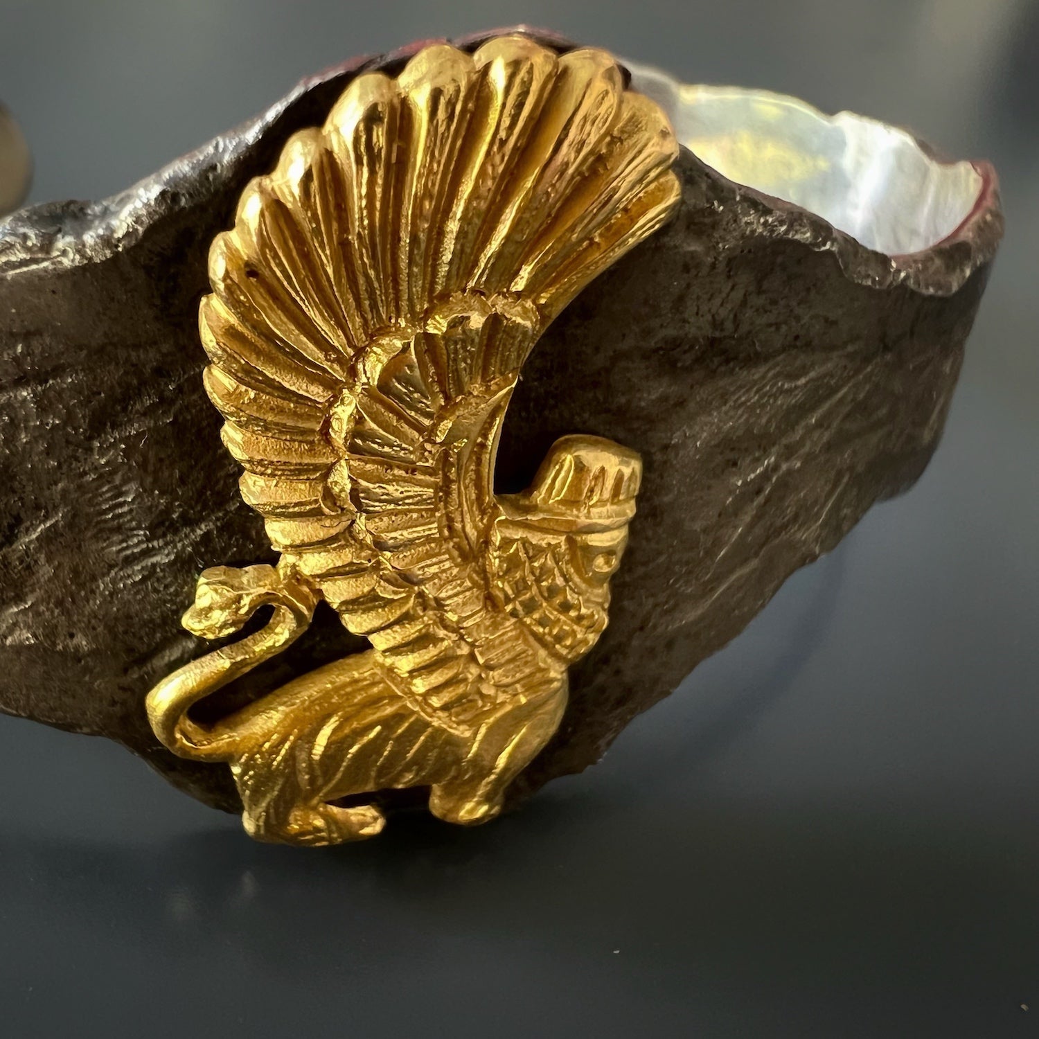 Handcrafted in the USA: Assyrian Gold Lion Cuff Bracelet in Sterling Silver and 18k Gold