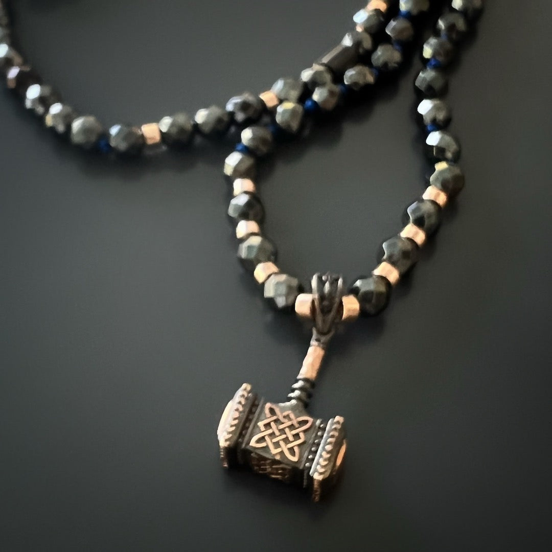 Unique and Striking Ax Men&#39;s Necklace with Hematite Stones and Silver/Gold Plated Ax Pendant