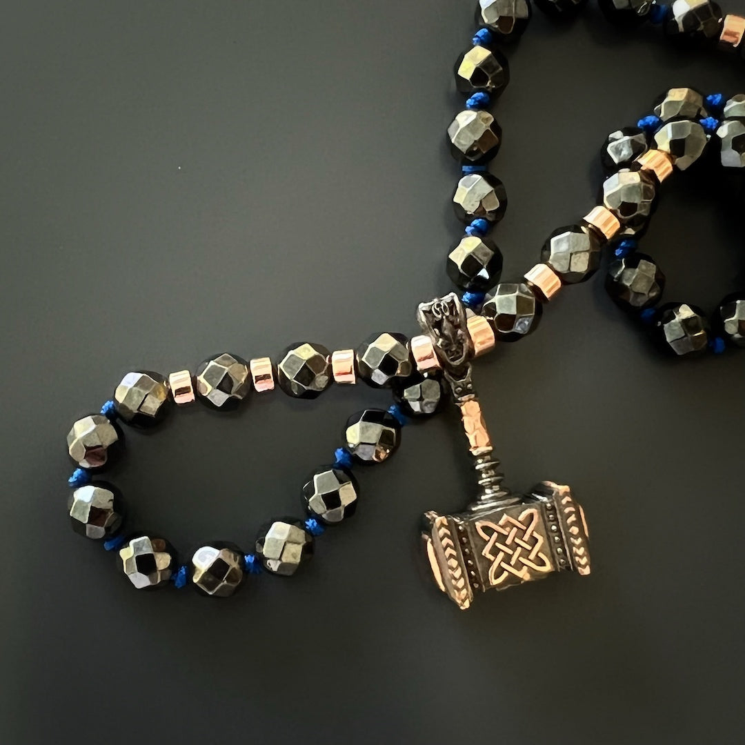 Ax Men&#39;s Necklace with Grounding Hematite Stones and Intricate Silver and Gold Plated Pendant