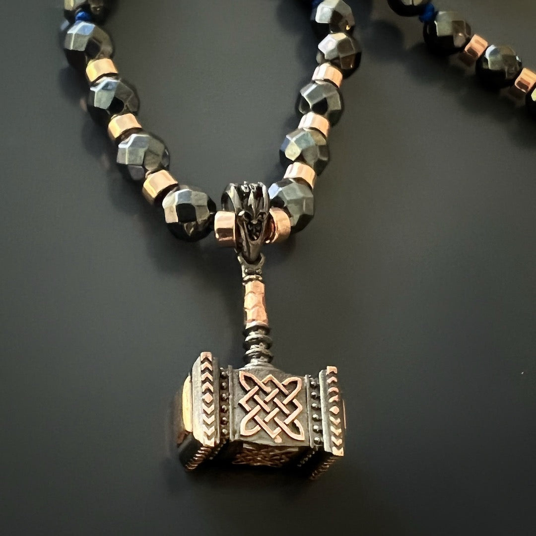  Ax Men&#39;s Necklace with Hematite Stone Beads and Silver/Gold Plated Ax Pendant