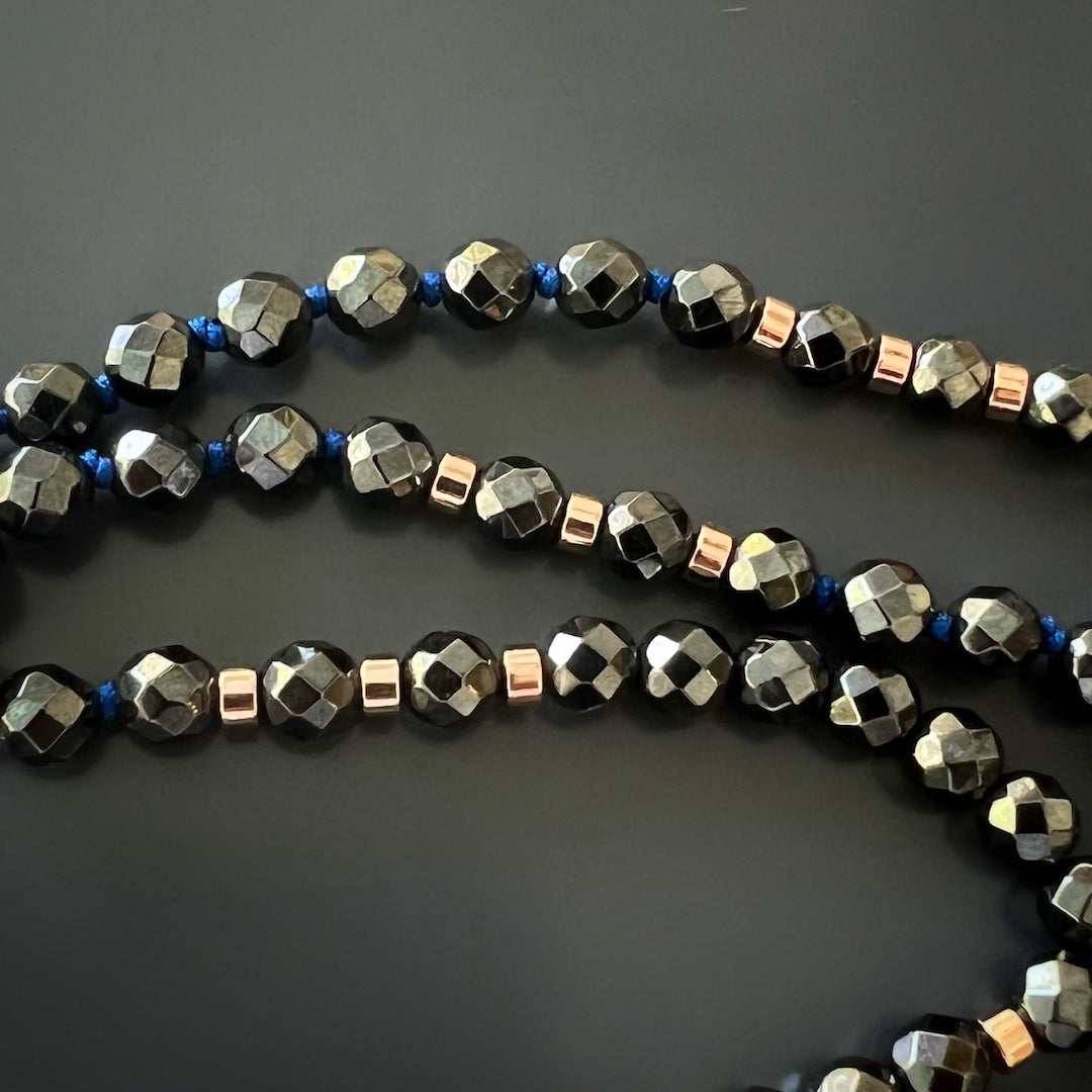 Hematite Stone Beaded Ax Men&#39;s Necklace with Handmade 925 Silver and Gold Plated Pendant