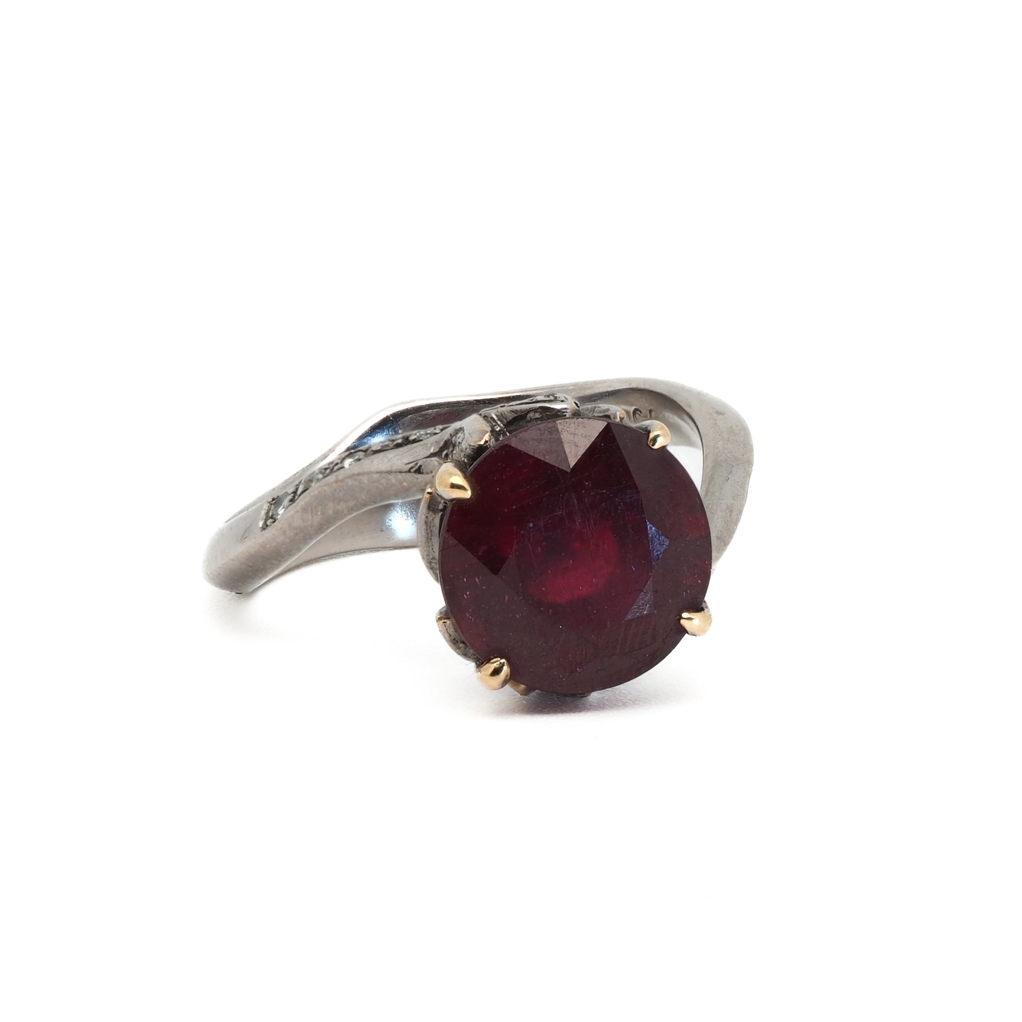 Twisted Ruby Engagement Ring - Handcrafted with 14k White and Yellow Gold, 0.15ct Diamonds, and 4.5ct Ruby.