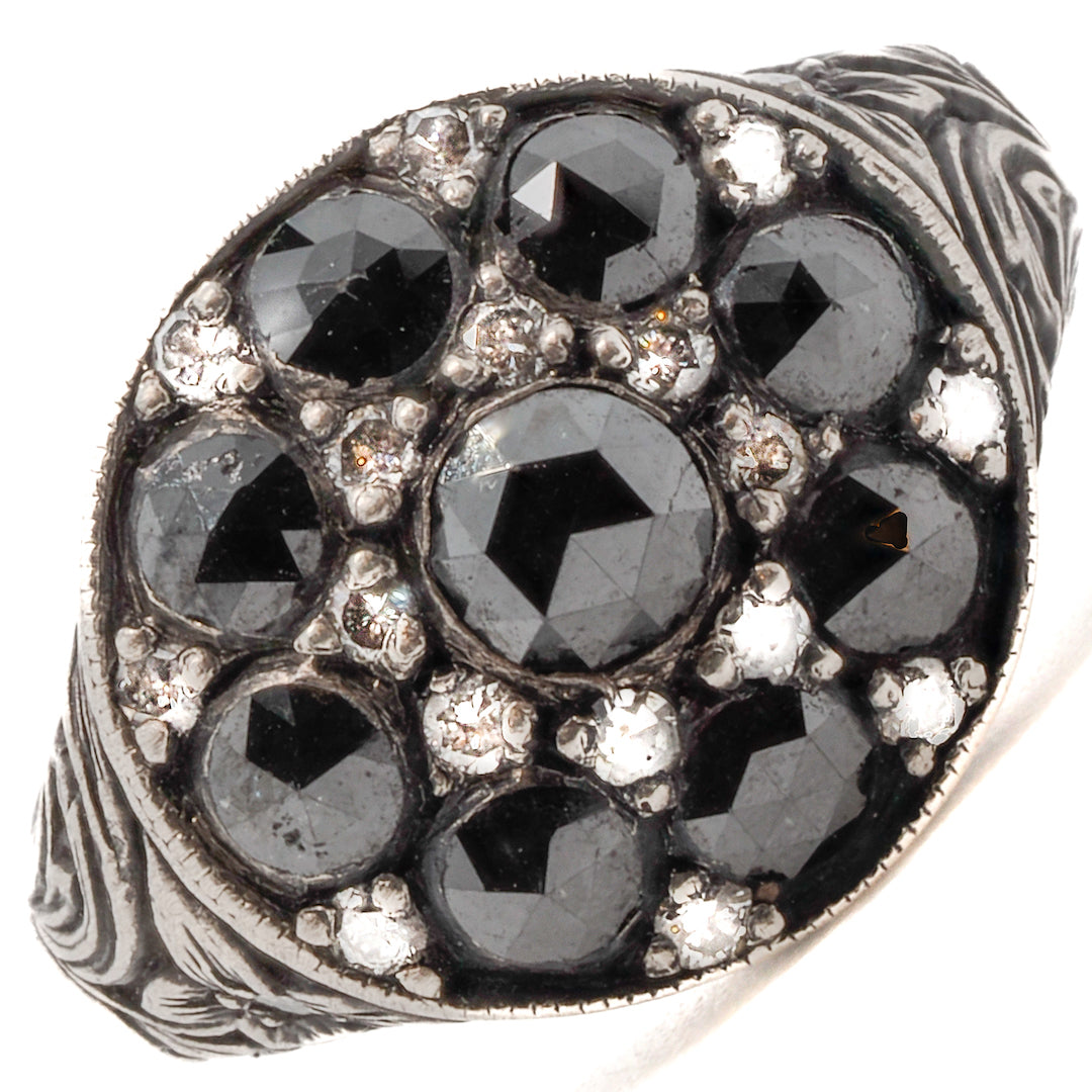 Handcrafted beauty: Black Rose Signet Ring adorned with black rose cut diamonds