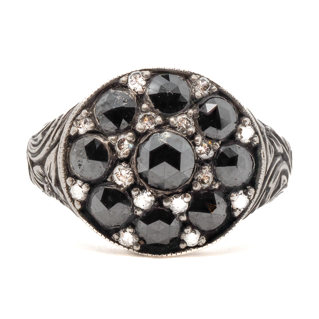 Black Rose Signet Ring featuring hand-engraved floral figures and black rose cut diamonds