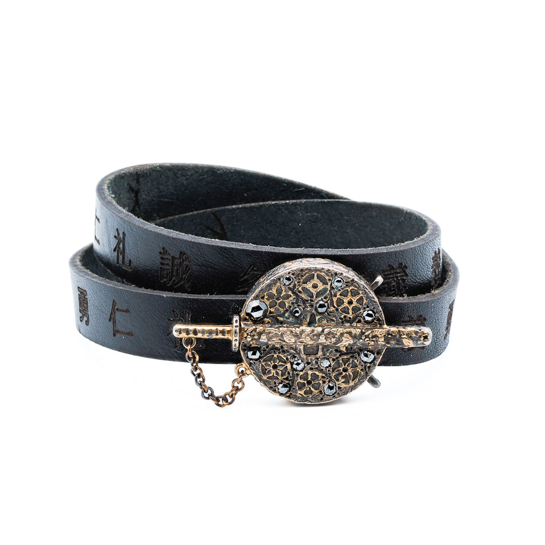 Handcrafted Bushido Leather Wrap Bracelet with 18 Carat Yellow Gold Infused and 0.15 Carat Diamonds.