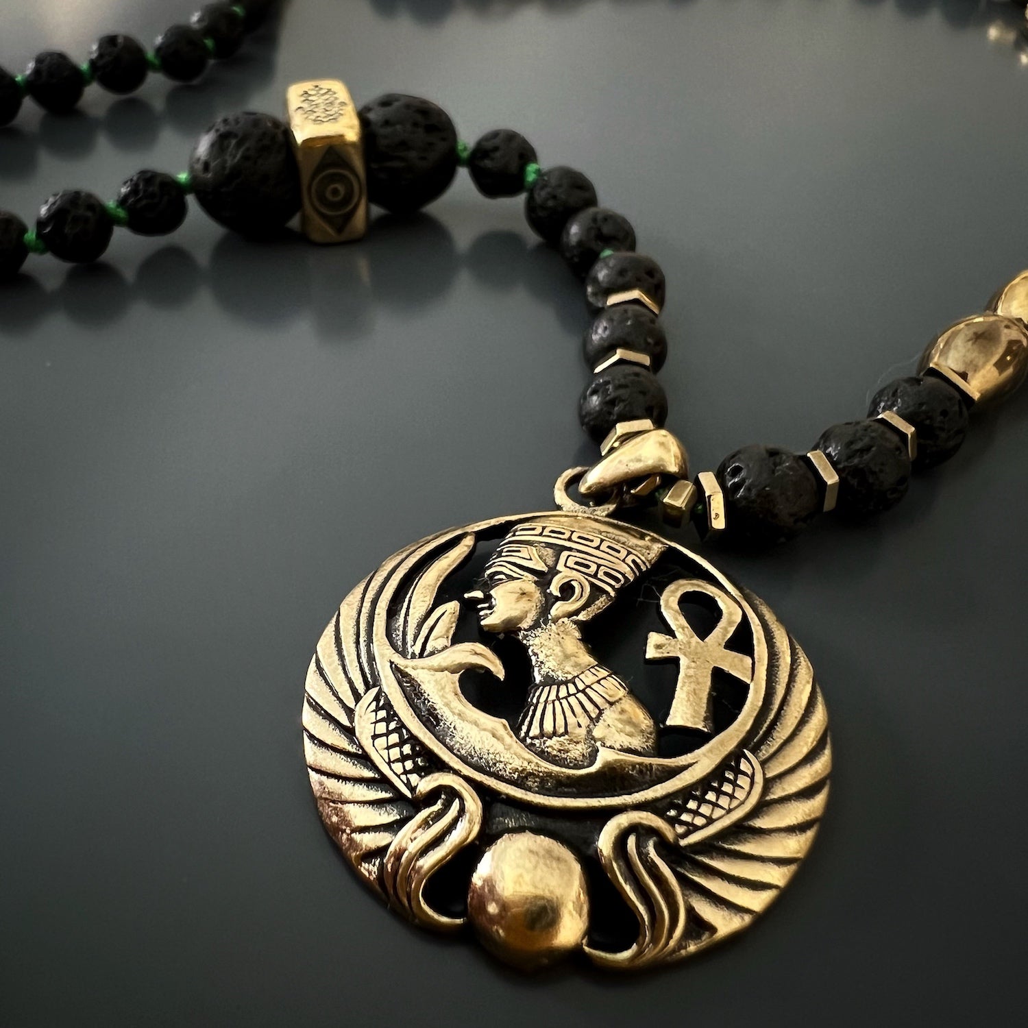 Handcrafted Black Lava Rock Stone Necklace with Regal Bronze Queen Pendant