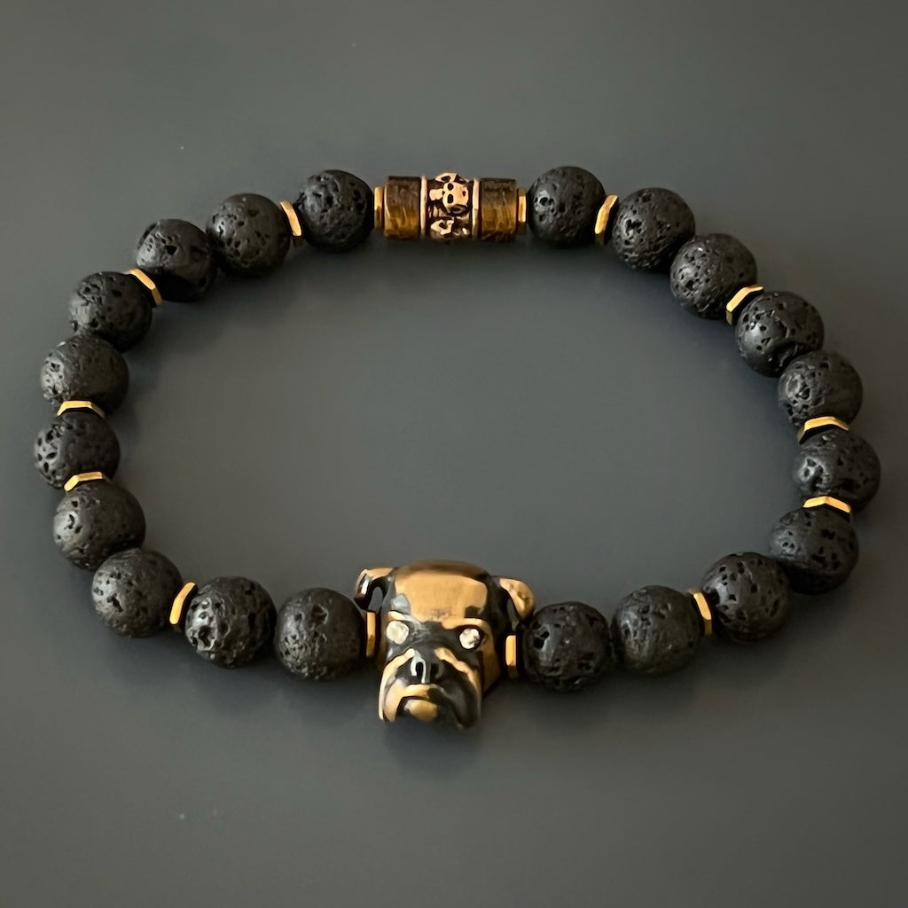 Edgy Black Dog Charm Bracelet with skull bead and gold hematite spacers