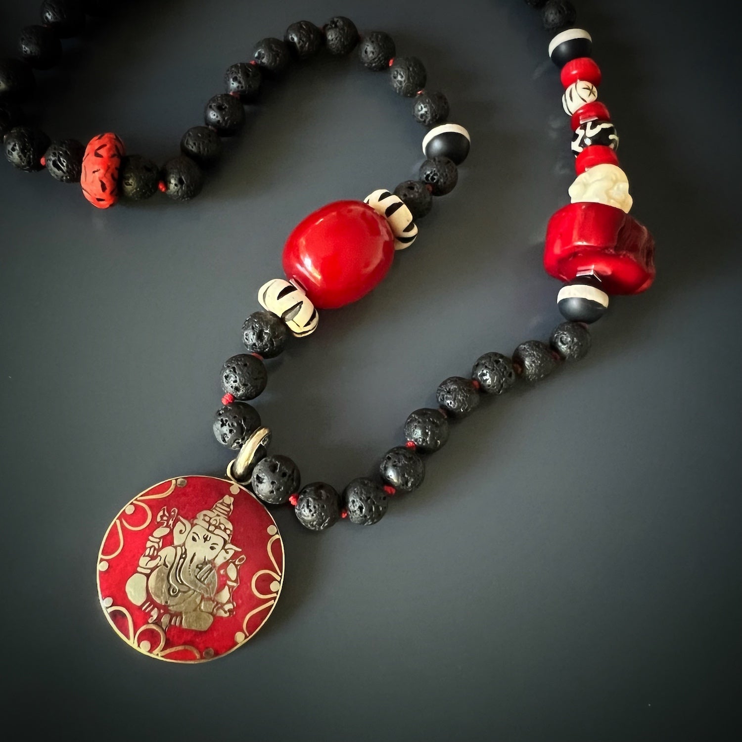 Unique Handmade Yoga Necklace with Ganesha and Coral Stones