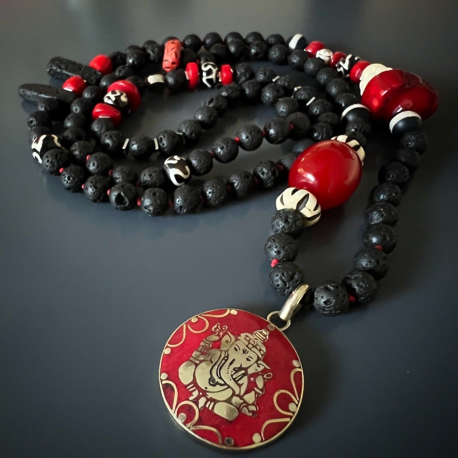 Meditation and Yoga Necklace with Red Coral Beads and Ganesha Charm
