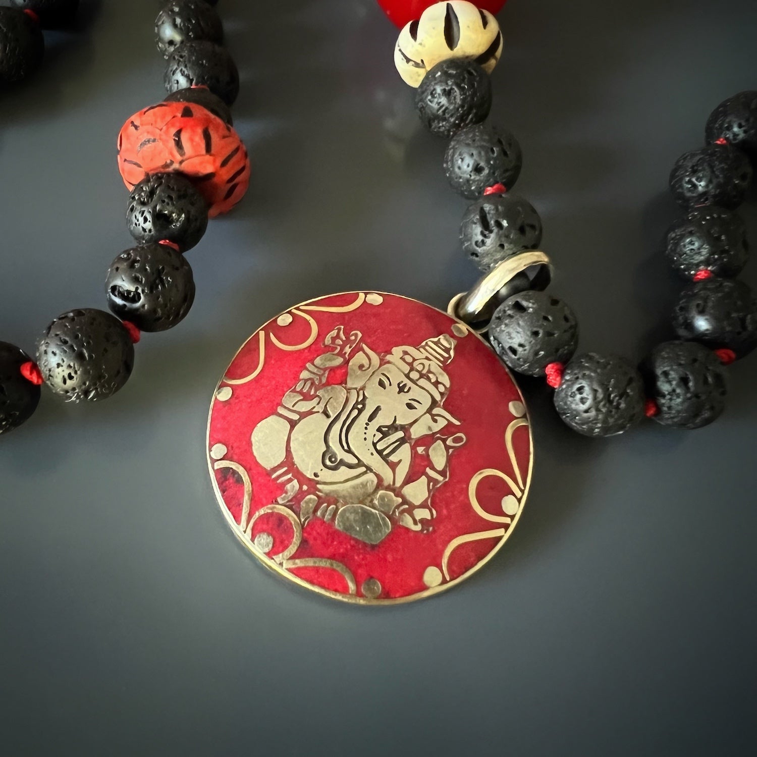 Black and Red Ganesha Yoga Necklace with Coral Stone Beads