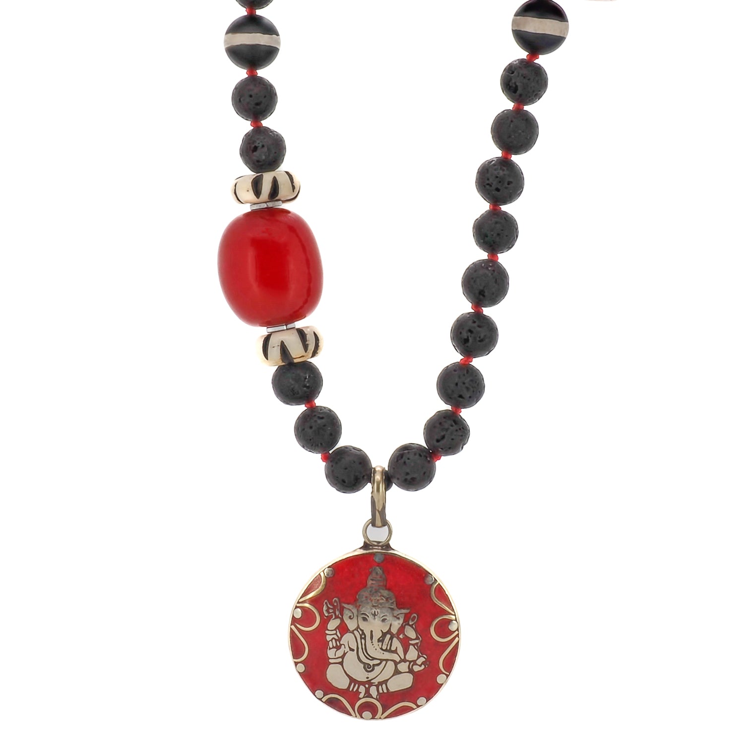 Handmade Black Ganesha Yoga Necklace with Lava Rock Stone Beads
