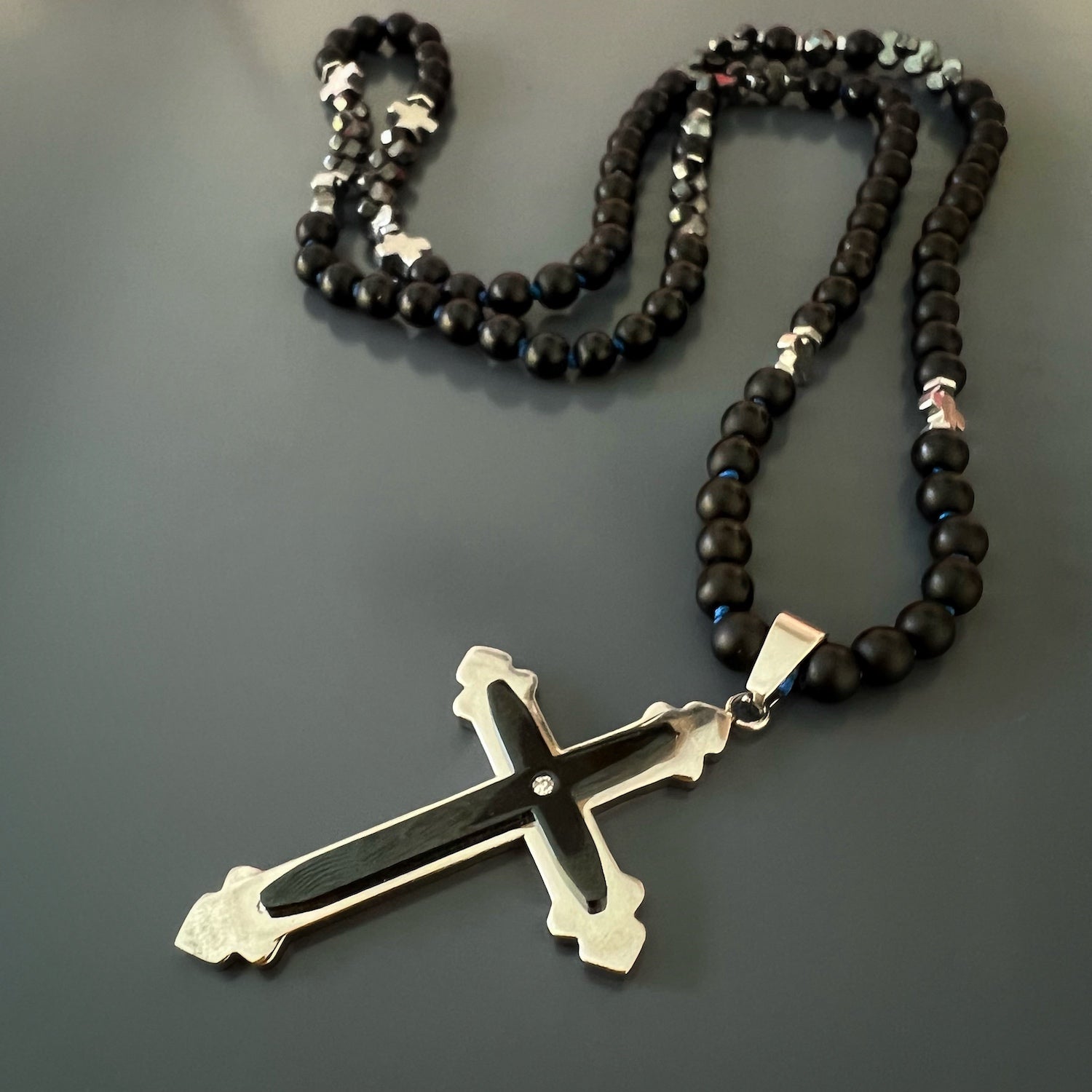 Black Onyx Cross Necklace with Religious Symbolism