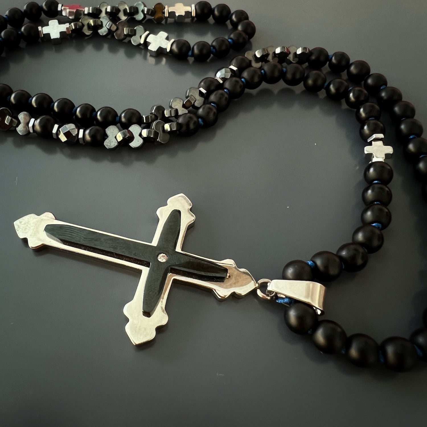 Handmade Steel Cross Pendant on Black Onyx Beads