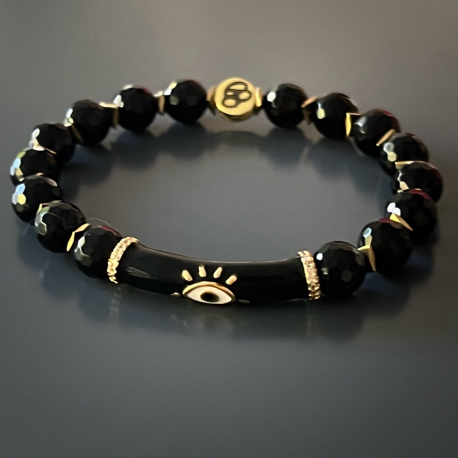 Stunning Black Onyx and Gold Bracelet with Evil Eye Charm