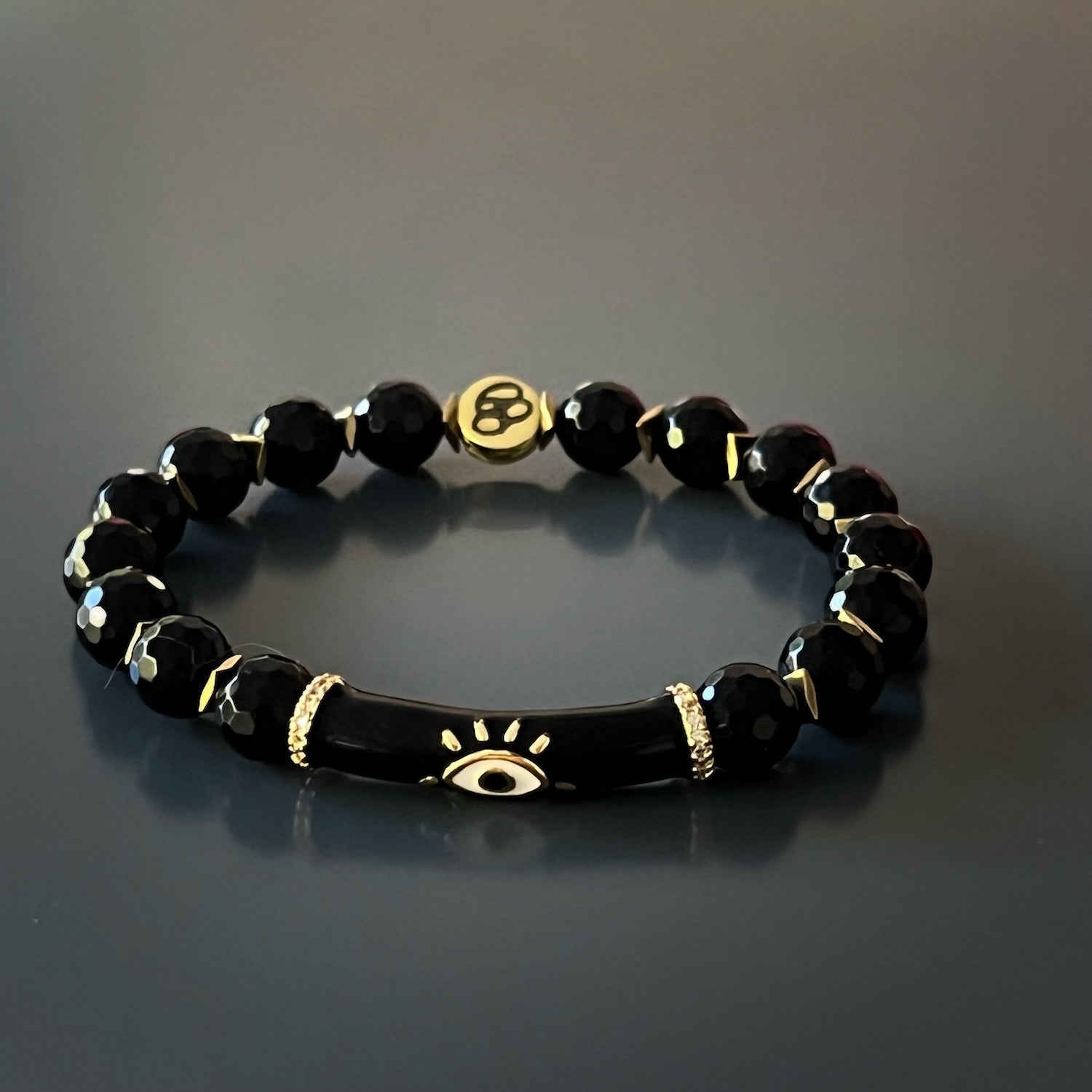 Spiritually Powerful Black Onyx Bracelet with Gold Evil Eye