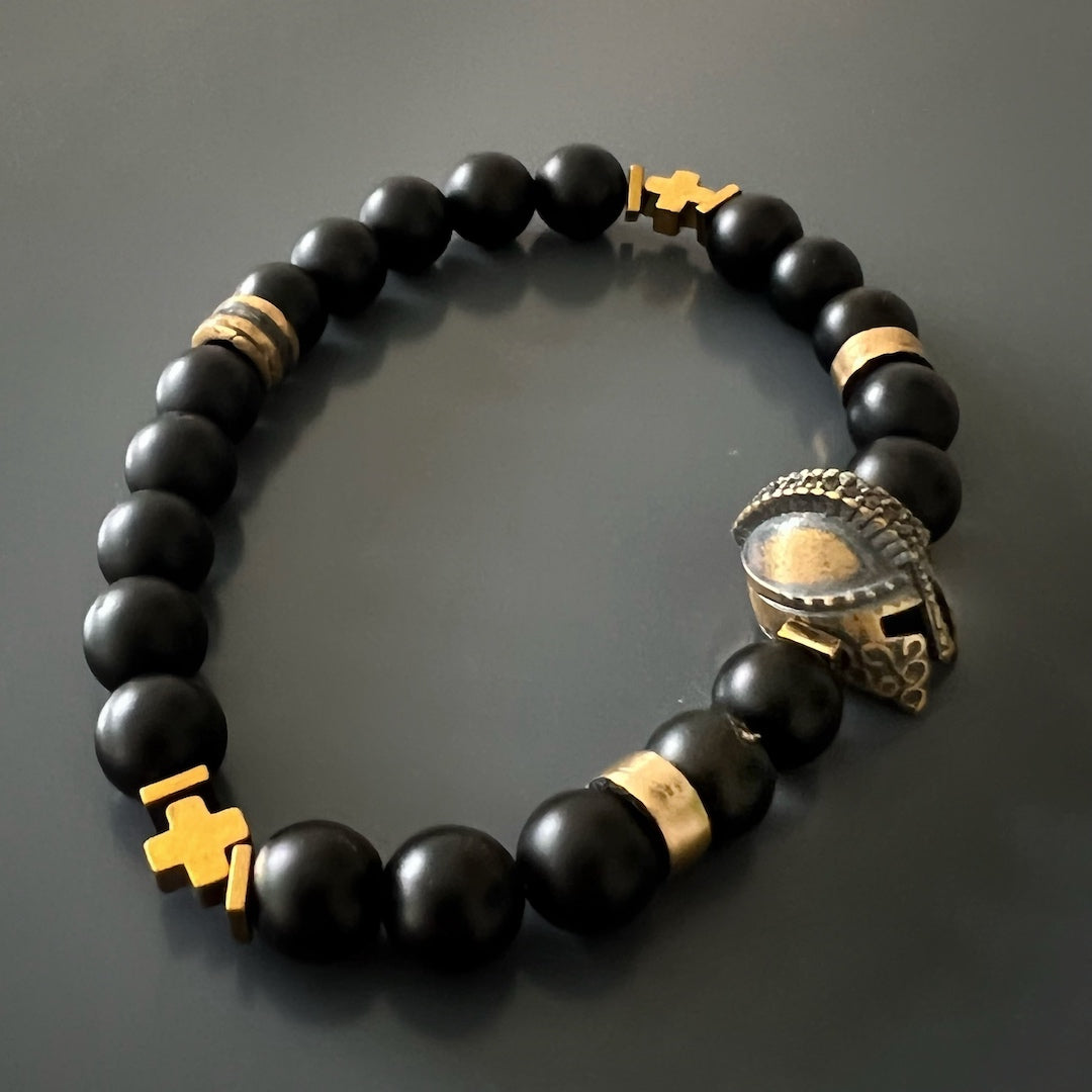 Black Vibe Men&#39;s Gladiator Bracelet featuring black onyx stones and a bronze gladiator charm
