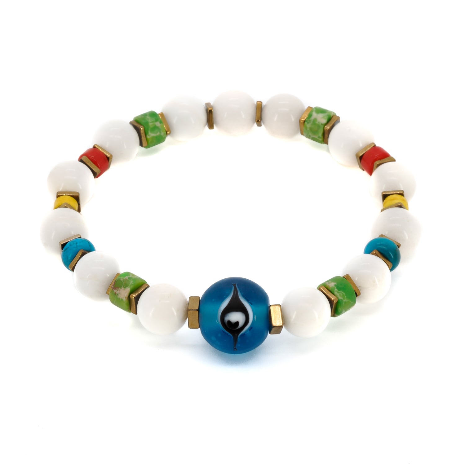 Blue Evil Eye Bracelet with White Agate, Turquoise, and Variscite Beads