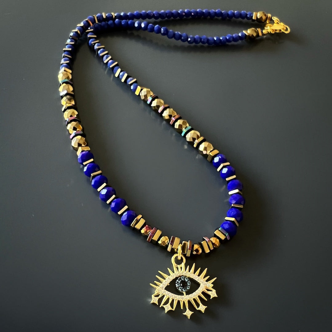 Unique Blue Crystal Beads and Gold Hematite Spacers on Evil Eye Necklace