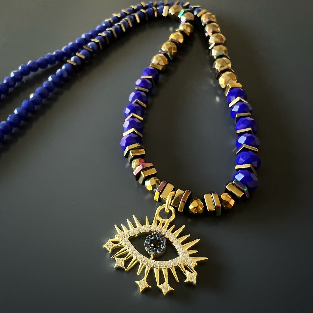 Handmade Blue Crystal and Gold Hematite Necklace with Evil Eye Charm