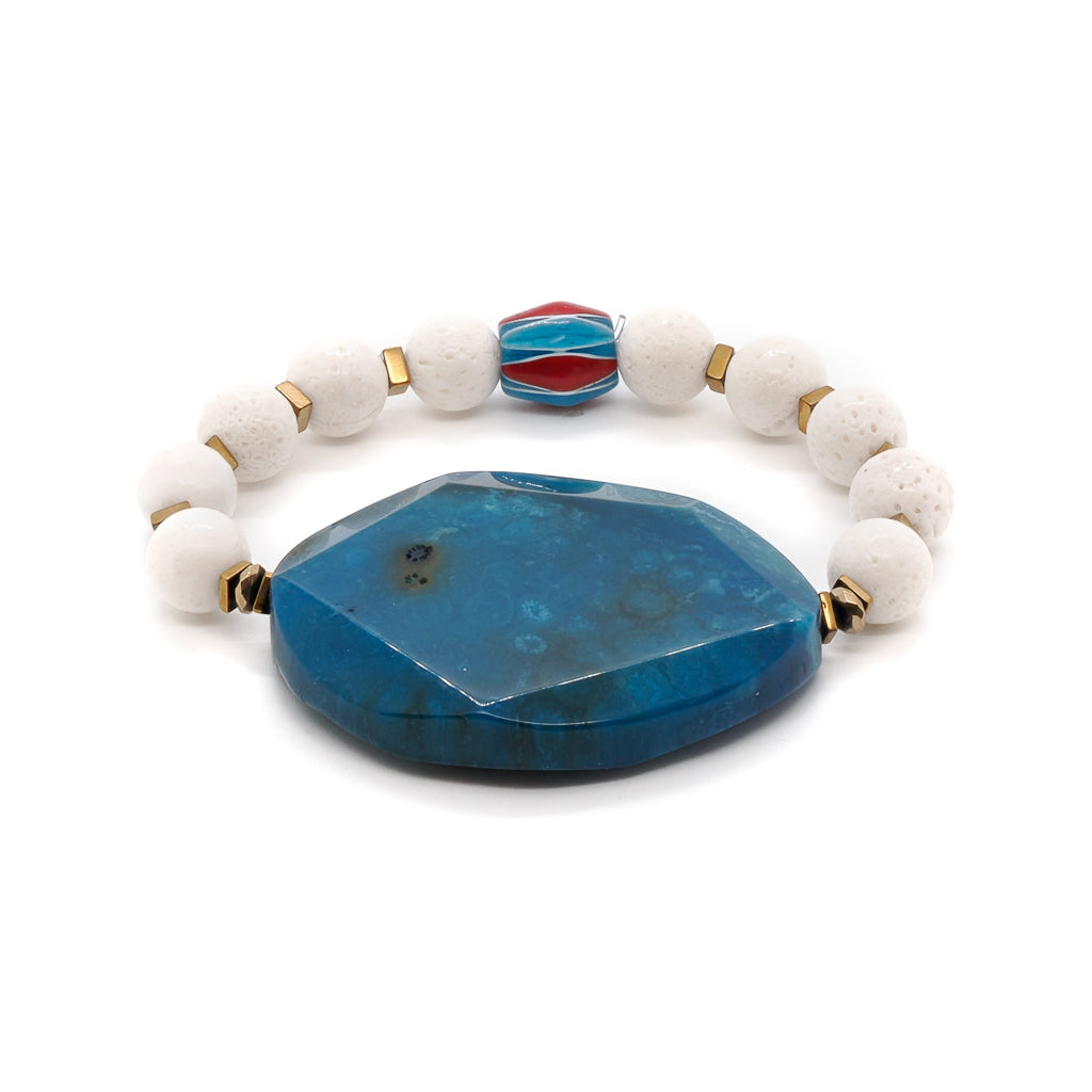 Bold Blue Sky Chunky Bracelet with Blue Agate Gemstone and White Mountain Jade Beads