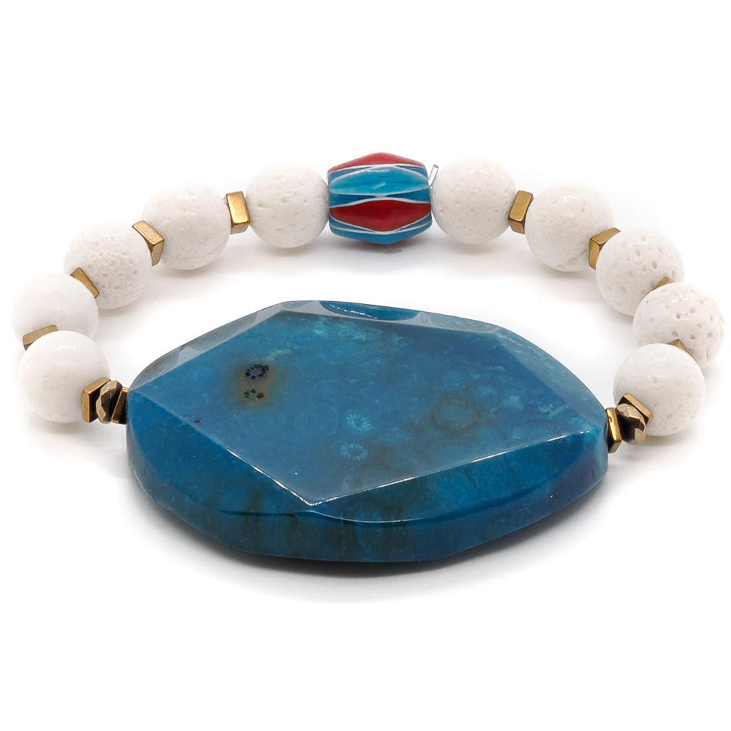 Chunky Bracelet with Blue Agate and White Mountain Jade for Mental Clarity