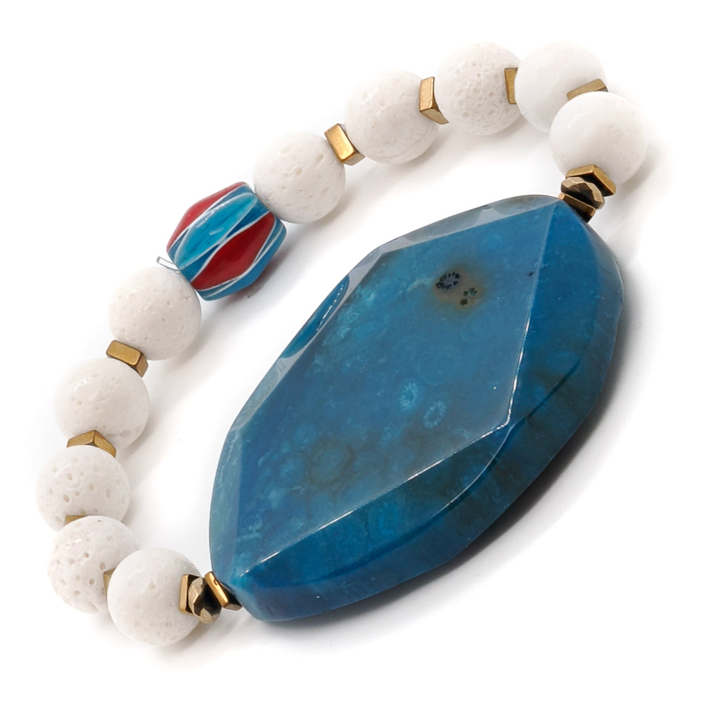 Chunky Bracelet with Blue Agate Gemstone and White Mountain Jade for Good Energies