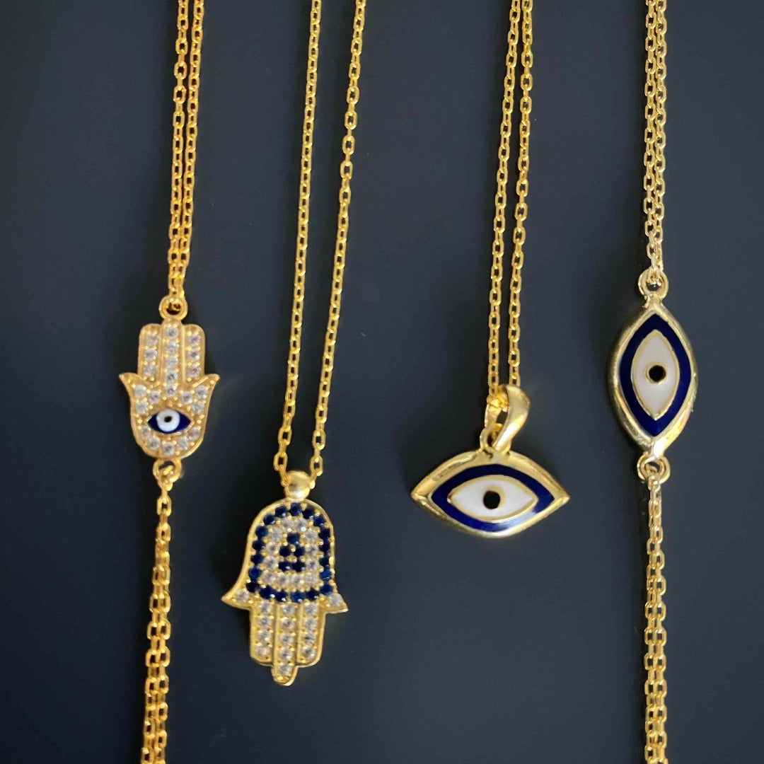 Eye-catching Blue Hamsa Necklace with Swarovski Stones and CZ Diamond