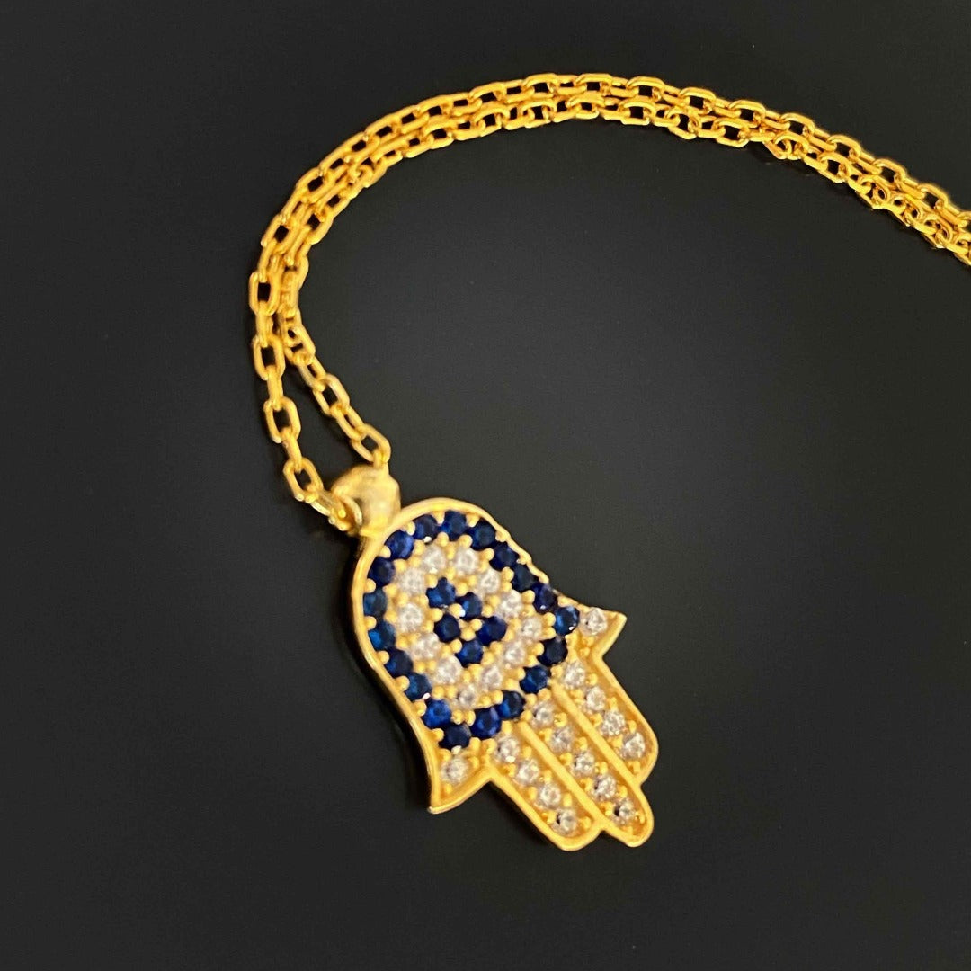 Minimalist Blue and Gold Hamsa Necklace on a 24k gold plated chain