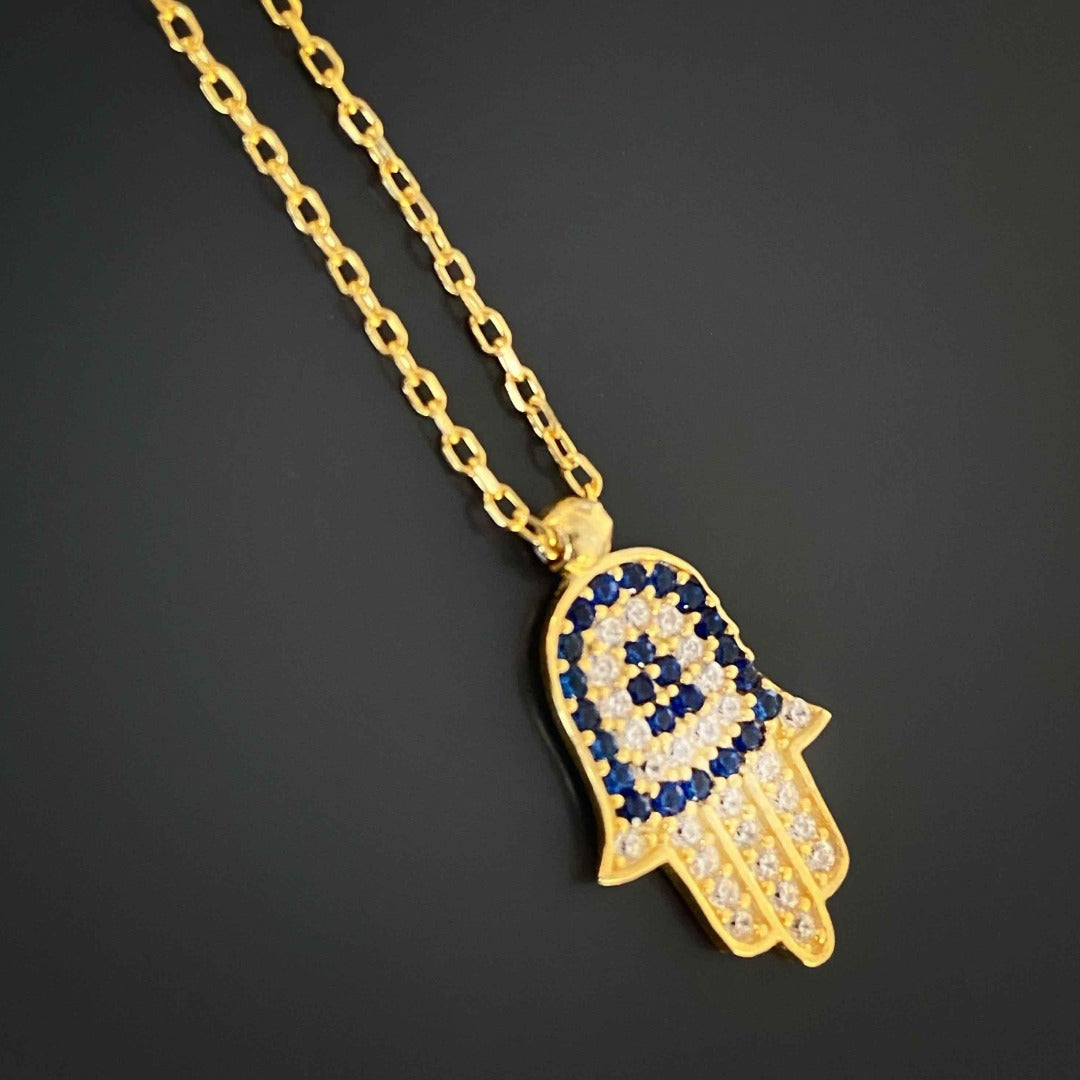Blue and Gold Minimal Hamsa Necklace with Swarovski stones