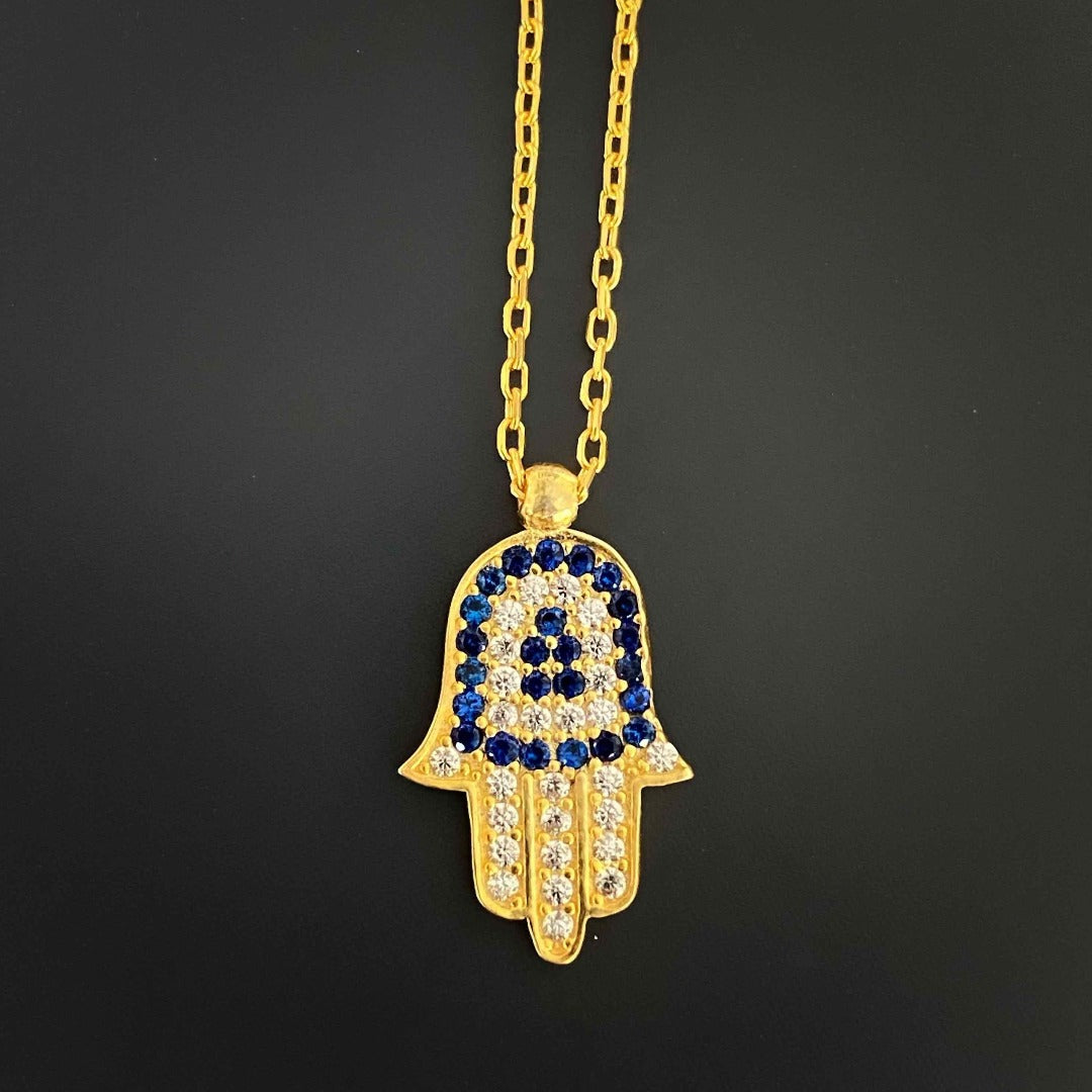 Dainty Blue Hamsa Necklace on a 24k gold plated chain