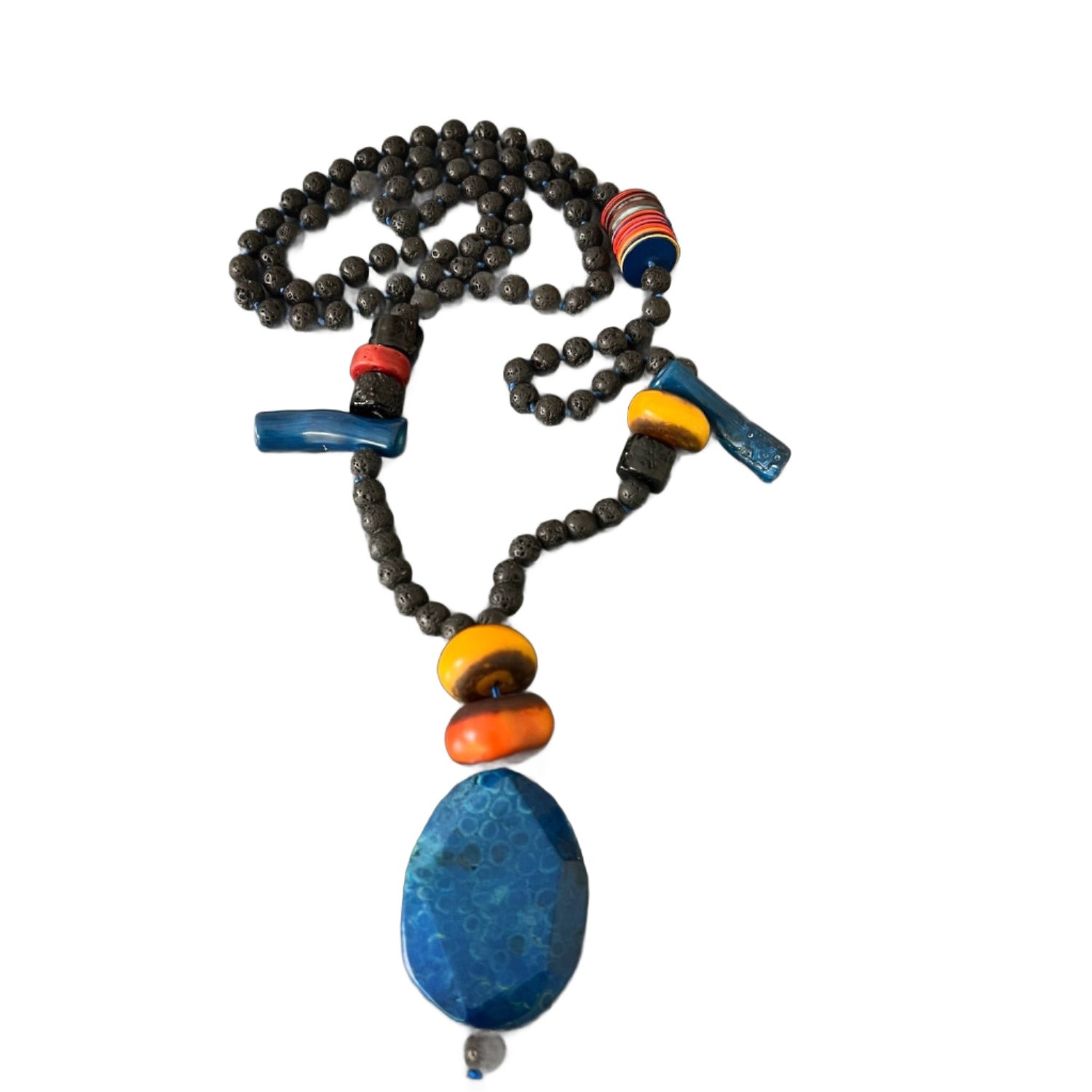 Handcrafted Necklace with Black Lava Rock, Blue Coral, Afghan, and Nepal Beads