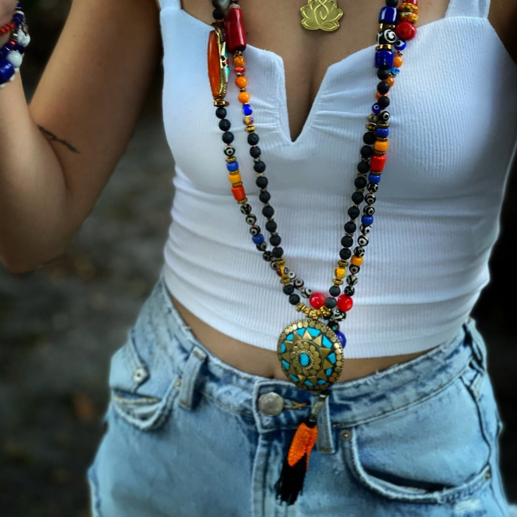 Model wearing the Boho Style Tassel Necklace, showcasing its unique style
