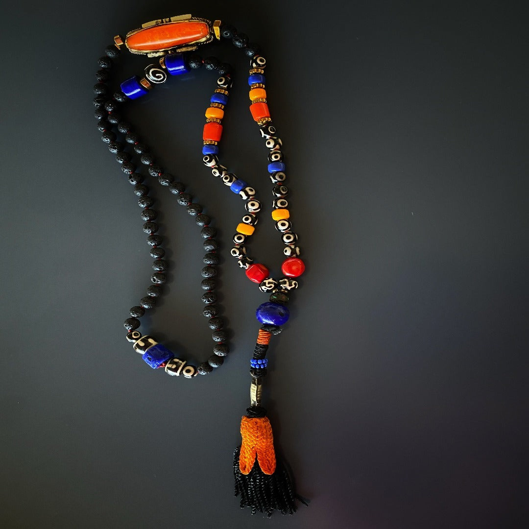 Handmade Tassel Necklace with Vibrant African and Tibetan Beads