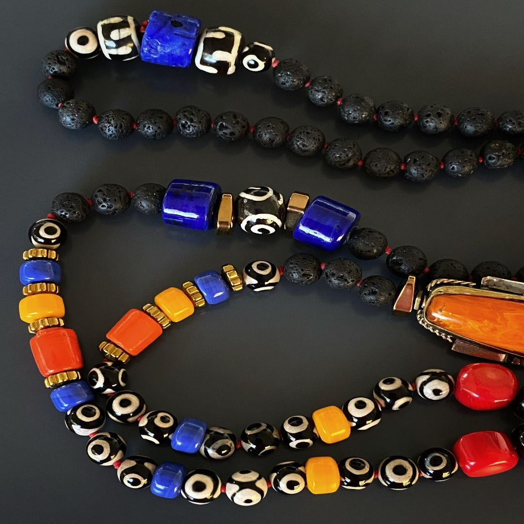 Striking Boho Necklace with Colorful Coral and Geometric Nepal Beads