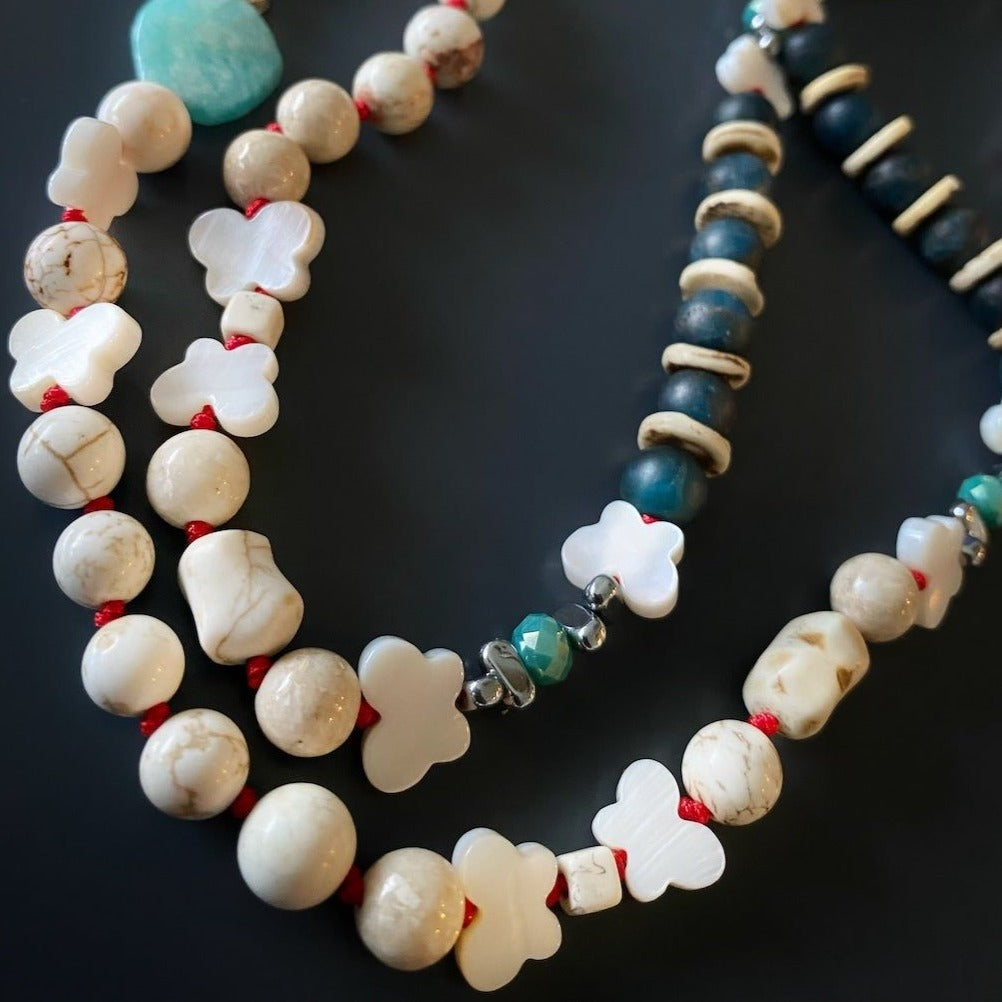 Agate pendant necklace with jasper, amazonite, and ivory beads