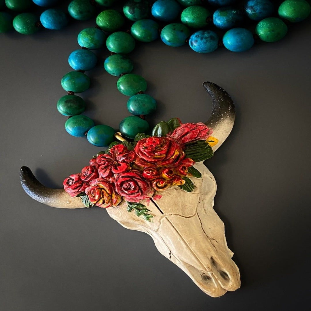 Tranquil Chrysocolla Stone Necklace with Longhorn Pendant