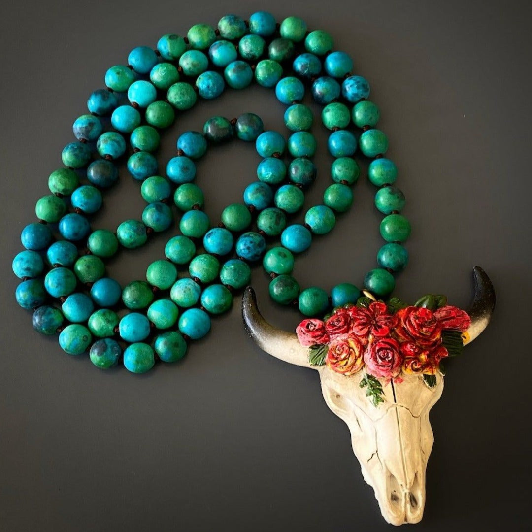 Colorful Chakra Stone Necklace with Longhorn Pendant