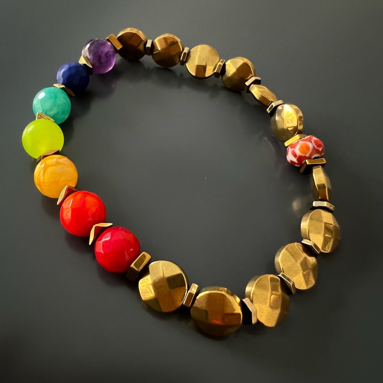 Chakra Balance Bracelet featuring Hematite stone spacers, providing grounding and stability to support chakra alignment.