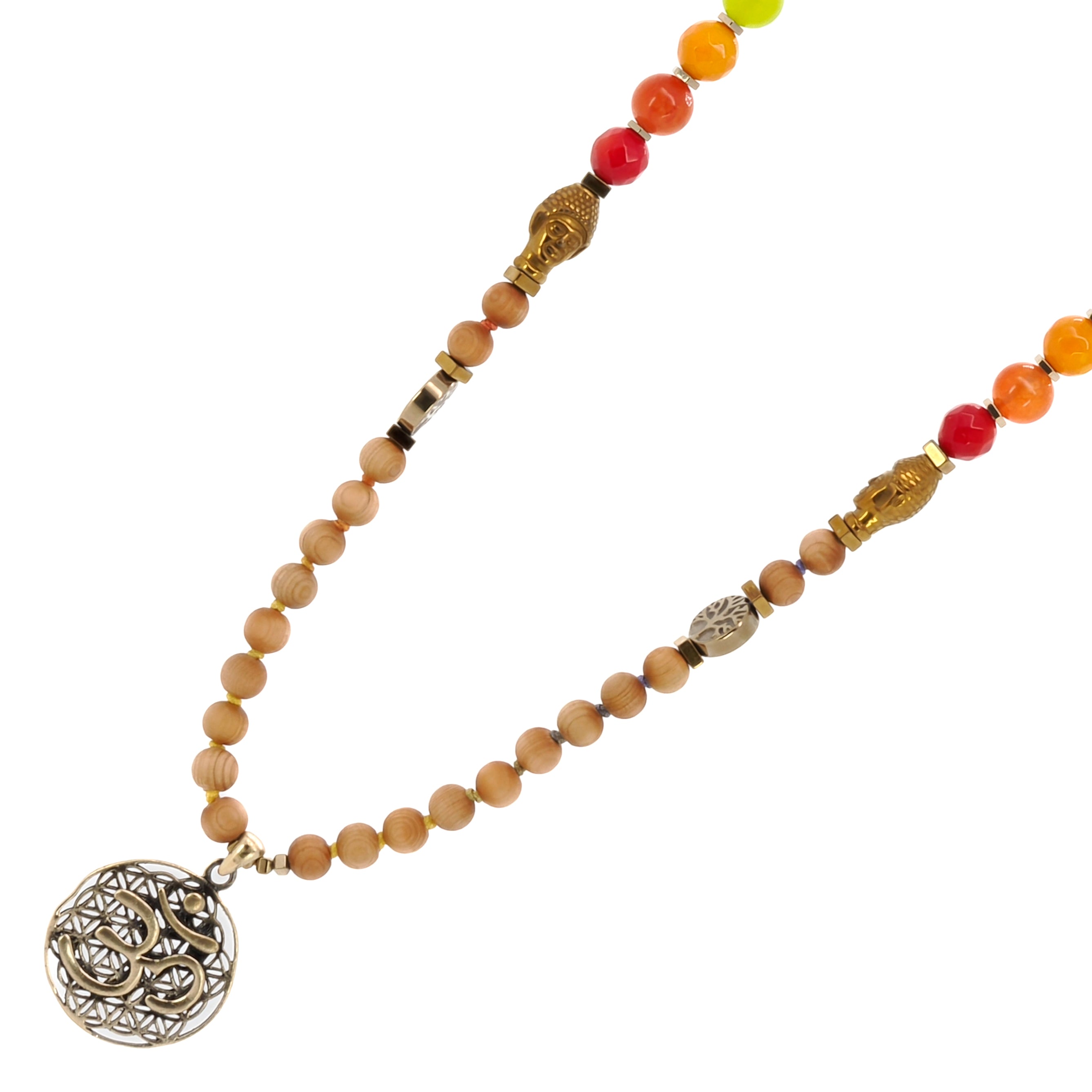 Experience the healing energy of natural sandalwood beads and chakra colors crystals with the Chakra Yoga Mala Necklace.