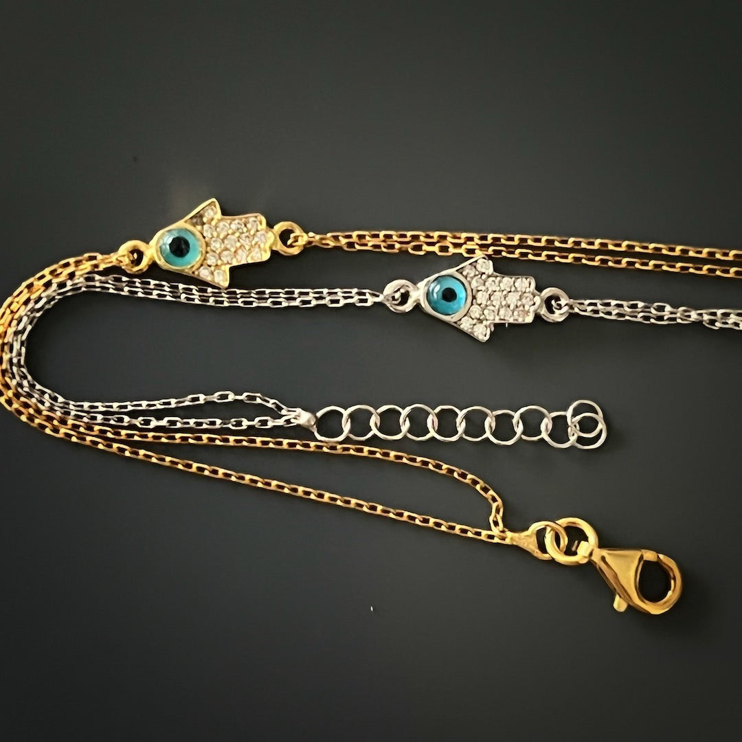 The Dainty Evil Eye Hamsa Bracelet is ready to be gifted or worn on a special occasion.